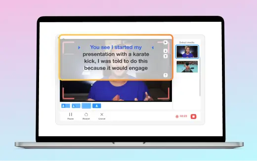 Record high-quality video content directly in Visla, with webcam, screen, or both.